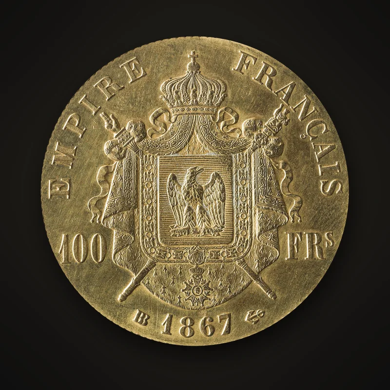 100 francs or de 1867, revers aux armes impériales, frappé à Strasbourg (BB)
