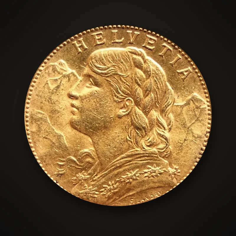 20 francs or suisse Vreneli, avers : buste d’Helvetia aux tresses devant les Alpes