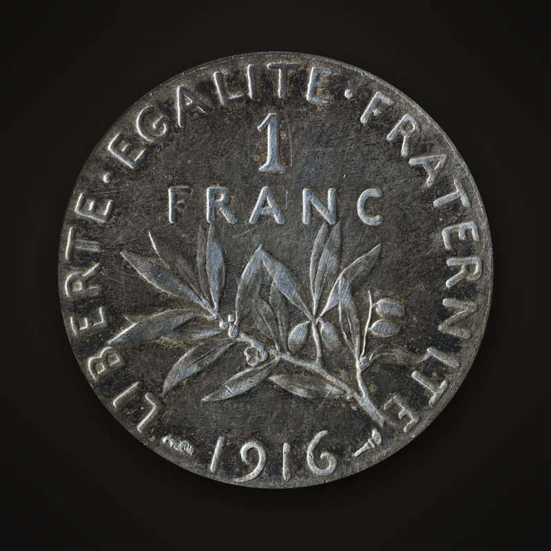 1 franc Semeuse de 1916, revers : rameau d’olivier et valeur